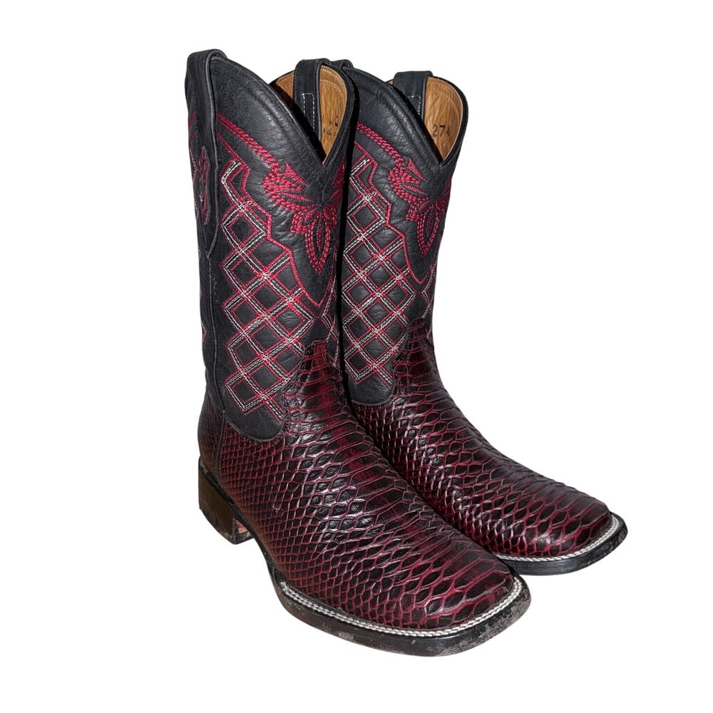 Vintage Mexican Made Red & Black Reptile Embossed leather Western Boots Mens 9.5